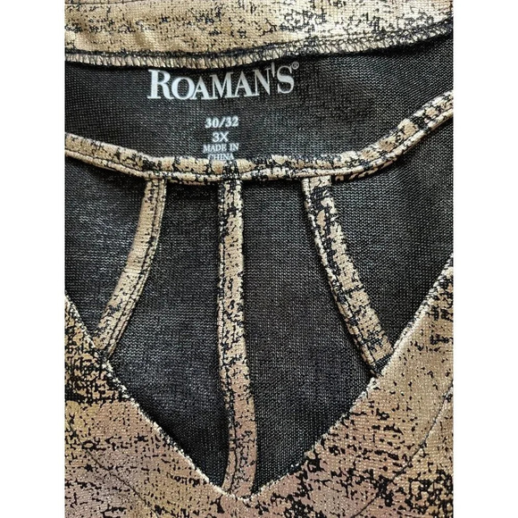 Roaman's + 34/36 Gold & Black Metallic Shiny Finish Caged V- Neck 3/4 Sleeve Top - Picture 6 of 7